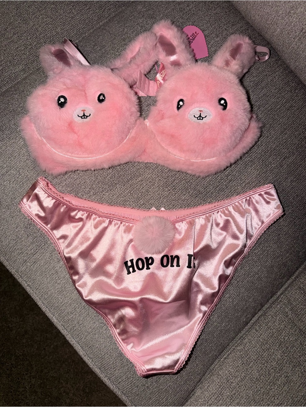 Sugar Thrillz Pink Bunny Plush Bra and Satin Bottoms Set - "Hop On In"